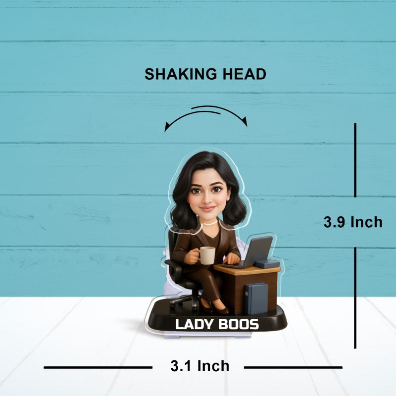 Personalized Lady Boss Bobbleead Caricature for Office Desk, Custom Photo Gift for Female Professionals, Colleagues & Womens Day Battery Powered Moving Head